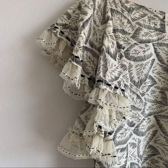 LoveShackFancy Celeste Top Moroccan Leaf Cream black ruffle sleeve - Picture 9 of 13